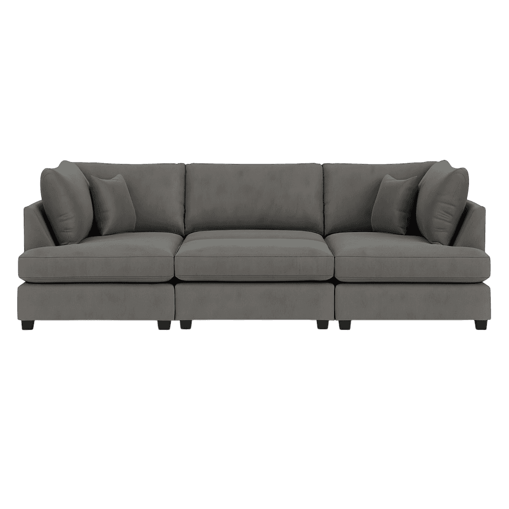 A modular three-seater sofa with a low profile and deep seating. It features thick, plush seat cushi… — 3D model