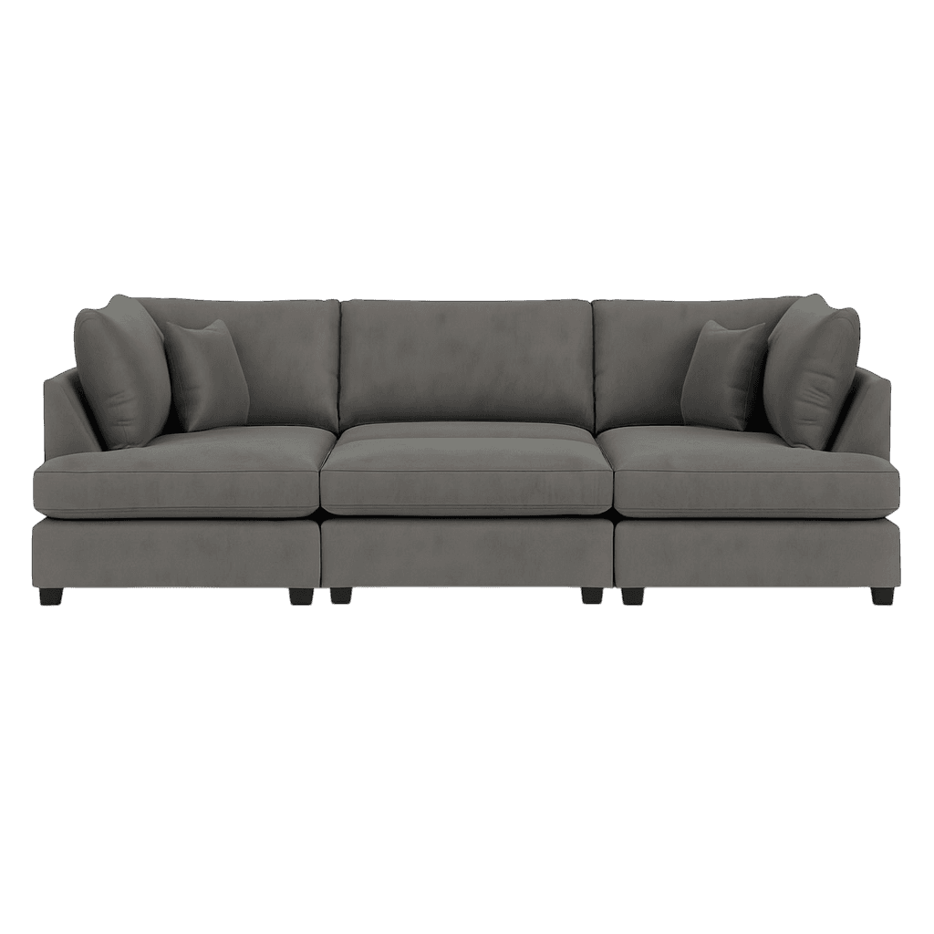 A modular three-seater sofa with a low profile and deep seating. It features thick, plush seat cushions and back cushions. The sofa is upholstered in a textured, matte gray fabric. Accent pillows are placed on either end, angled against the back cushions. The sofa rests on short, dark, block-style legs. — 3D model