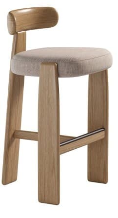 A modern bar stool featuring a solid wooden frame with an upholstered seat and a curved wooden backrest. The frame is constructed from light-colored wood, likely oak, with splayed legs that taper slightly. A metal bar serves as a footrest between the front legs. The seat and small backrest are padded and upholstered in a light beige or gray fabric. — 3D model