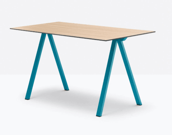 A contemporary rectangular table featuring a light wood-toned top and vibrant teal A-frame metal legs, set against a plain white background. The table has a clean, minimalist design. — 3D model