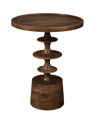 A dark brown wooden side table featuring a round top with a raised edge, a distinctive stacked, turn… — 3D model