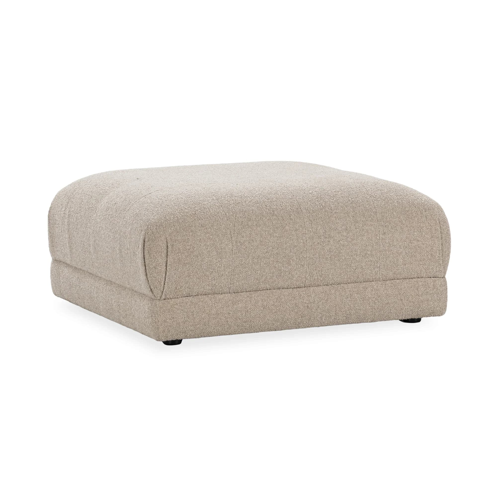 A rectangular ottoman with softly rounded corners, upholstered in a textured, woven fabric. The ottoman has a low profile and appears to be well-padded. It is supported by four small, dark-colored feet, barely visible beneath the base. — 3D model
