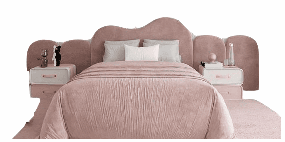 A pink upholstered bed with a scalloped headboard and matching bedside tables. The bed includes a du… — free BLEND 3D model