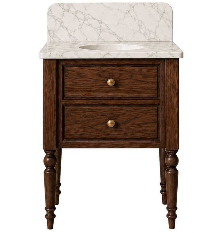 A freestanding bathroom vanity unit featuring a dark stained wooden cabinet with two drawers, brass knob pulls, and turned legs, topped with a white marble countertop, an integrated ceramic sink basin, and a matching marble backsplash. — 3D model