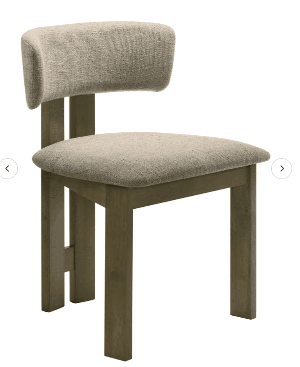 An upholstered dining chair featuring a light-colored, textured fabric on both the seat and the distinctive curved backrest. The frame is constructed from wood with a grey-washed finish, and the legs are straight and rectangular in profile. The backrest is supported by two vertical wooden posts extending from the base. — 3D model