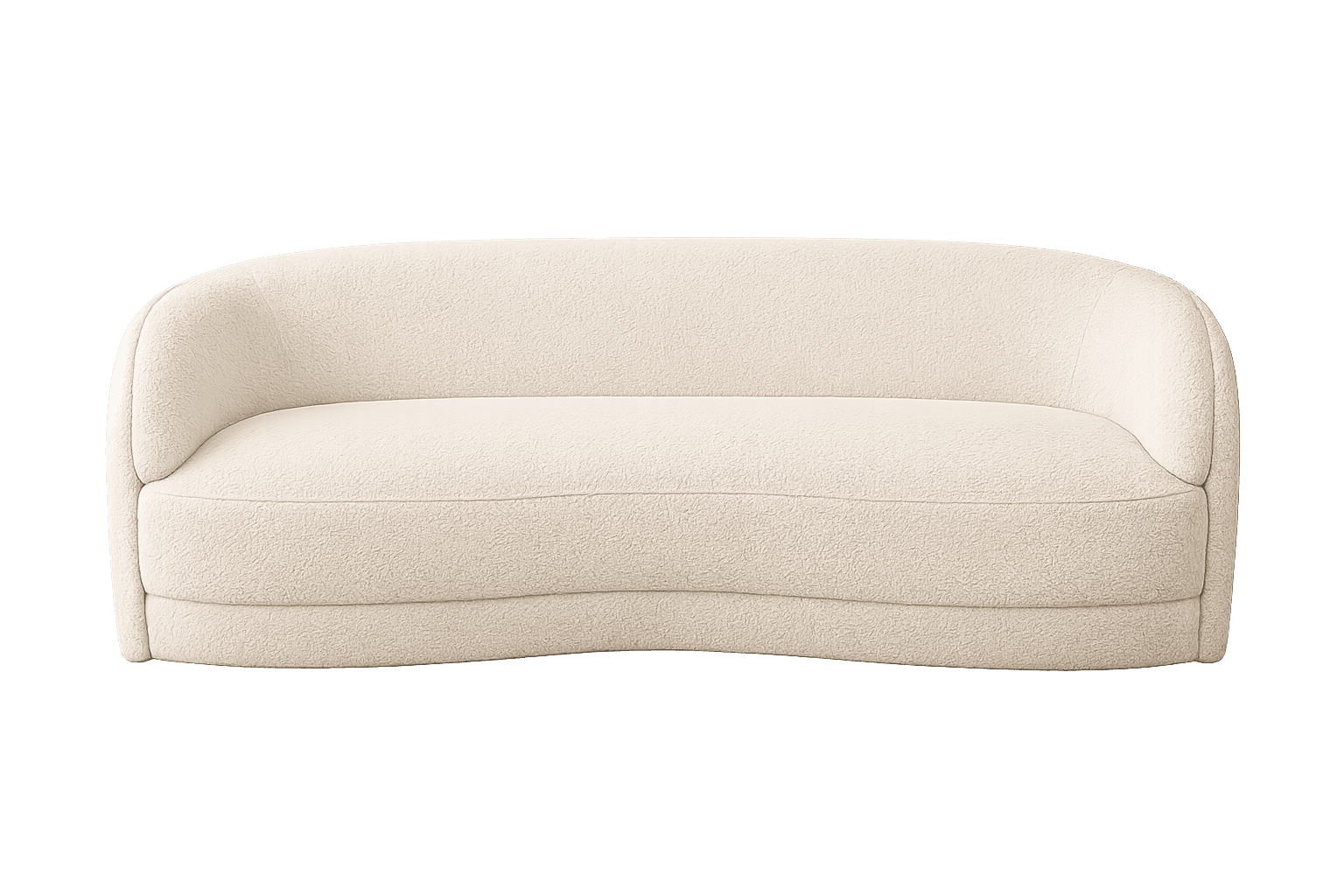 A contemporary, low-profile loveseat featuring a distinct curvilinear form, upholstered entirely in a textured off-white boucle fabric. It has integrated back and armrests, and its base is also fully upholstered with no visible legs, contributing to a smooth, continuous silhouette. — 3D model