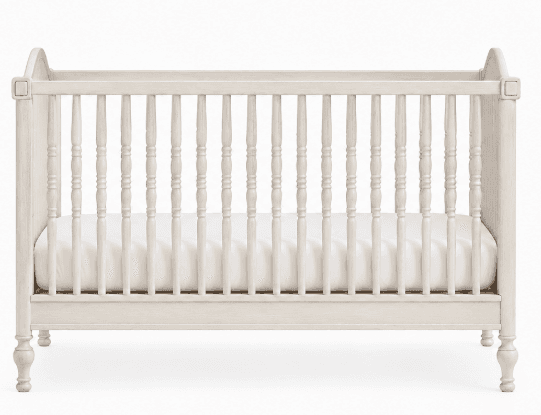 A light-colored, traditional style wooden crib featuring turned spindles and paneled end posts. The finish appears distressed or washed, giving it a soft, aged aesthetic. A white mattress is visible inside. — 3D model