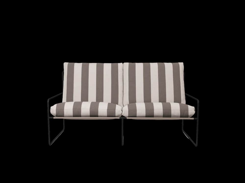 A contemporary two-seater loveseat featuring a minimalist black metal frame and thick, vertically st… — 3D model