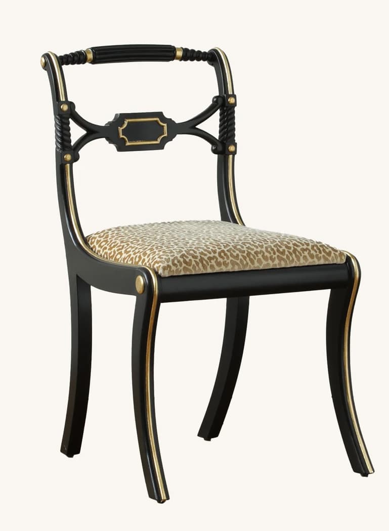 A Regency-style dining chair featuring a black lacquered wooden frame with elegant gilded accents and an upholstered seat covered in a distinctive leopard print fabric. The chair exhibits classic Klismos-inspired curved legs and a decorative backrest. — 3D model