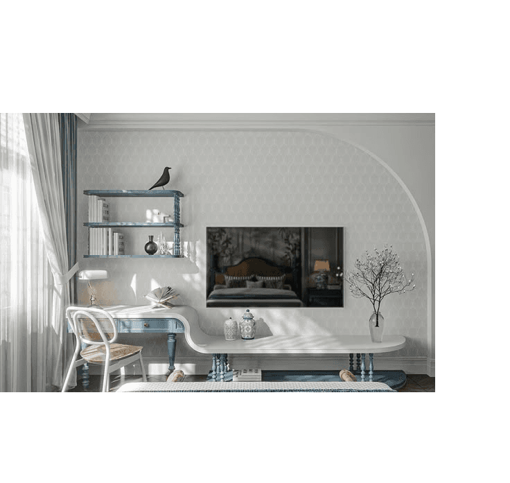A contemporary desk and integrated display system featuring a blue frame with turned legs, a light g… — 3D model