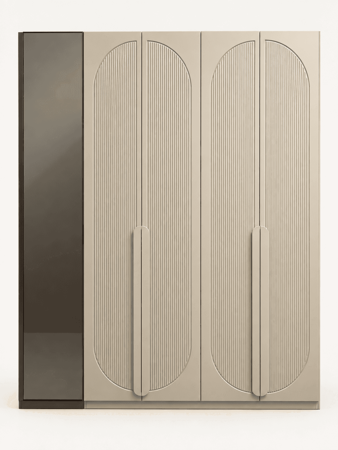 A contemporary two-tone wardrobe featuring three light greige, fluted door panels with integrated ve… — 3D model