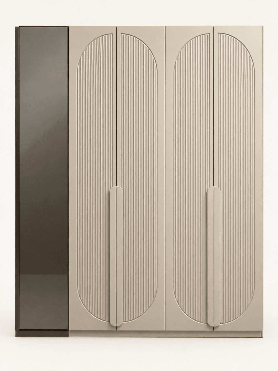 A contemporary two-tone wardrobe featuring three light greige, fluted door panels with integrated vertical handles and an arched design, contrasted with a single dark brown or bronze panel on the left. The unit appears to be made from engineered wood with a matte finish, standing on a recessed base. — 3D model