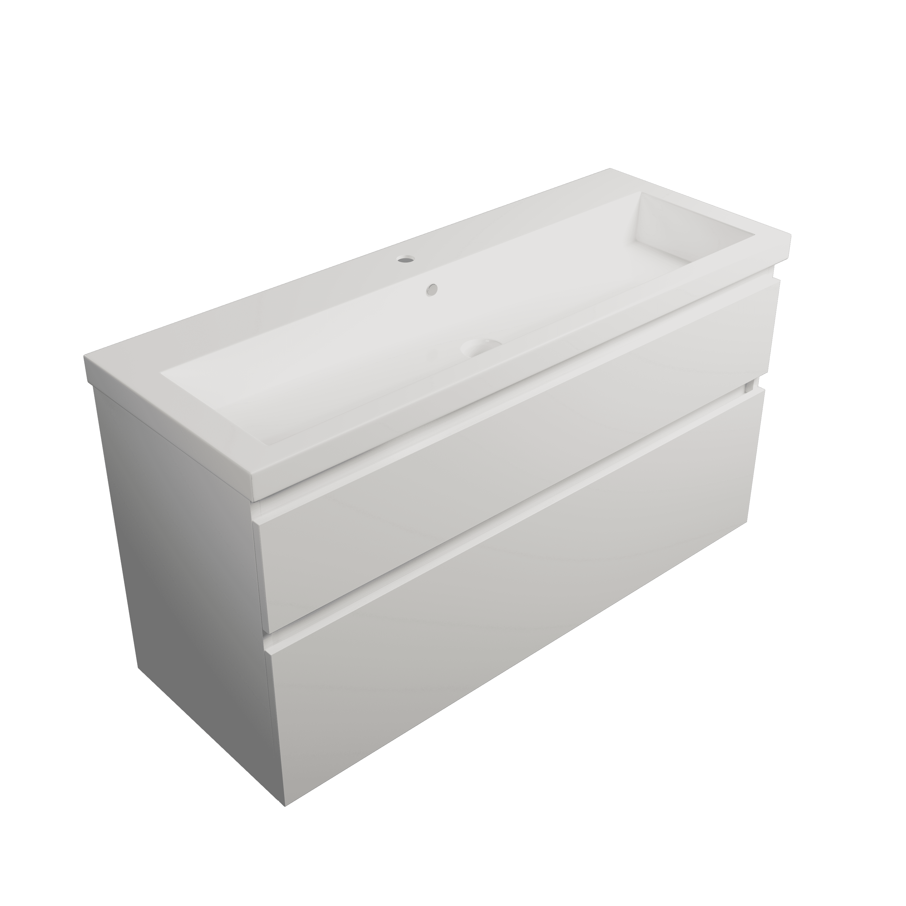 A contemporary white floating bathroom vanity featuring an integrated rectangular sink and two handl… — 3D model