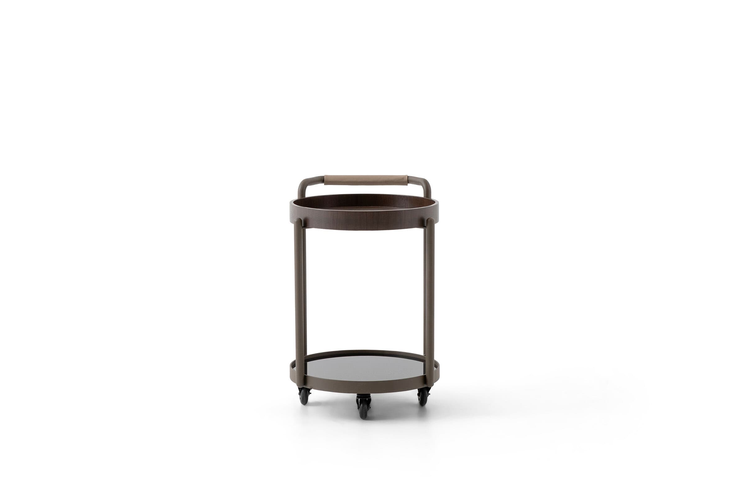 A contemporary two-tier bar cart featuring a dark brown metal frame, a circular wooden top tray, a circular mirrored bottom shelf, and an integrated handle wrapped in light brown leather, all supported by four caster wheels for mobility. — 3D model