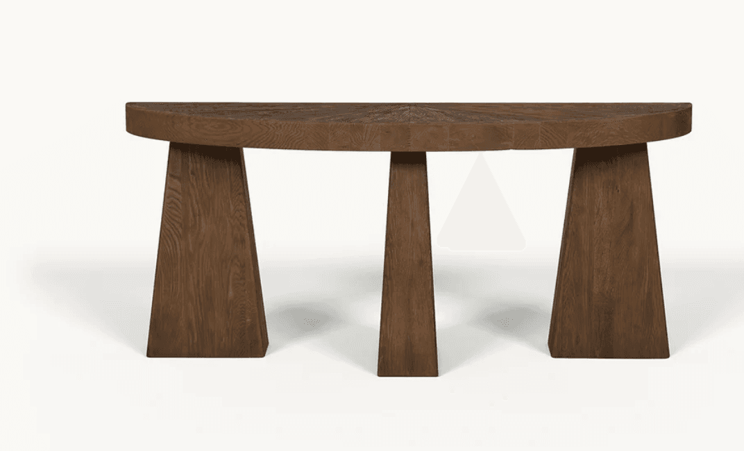 A semi-circular console table with a solid wooden top and three trapezoidal legs. The wood grain is prominent on the surface, suggesting a natural finish. The design is minimalist and geometric. — 3D model