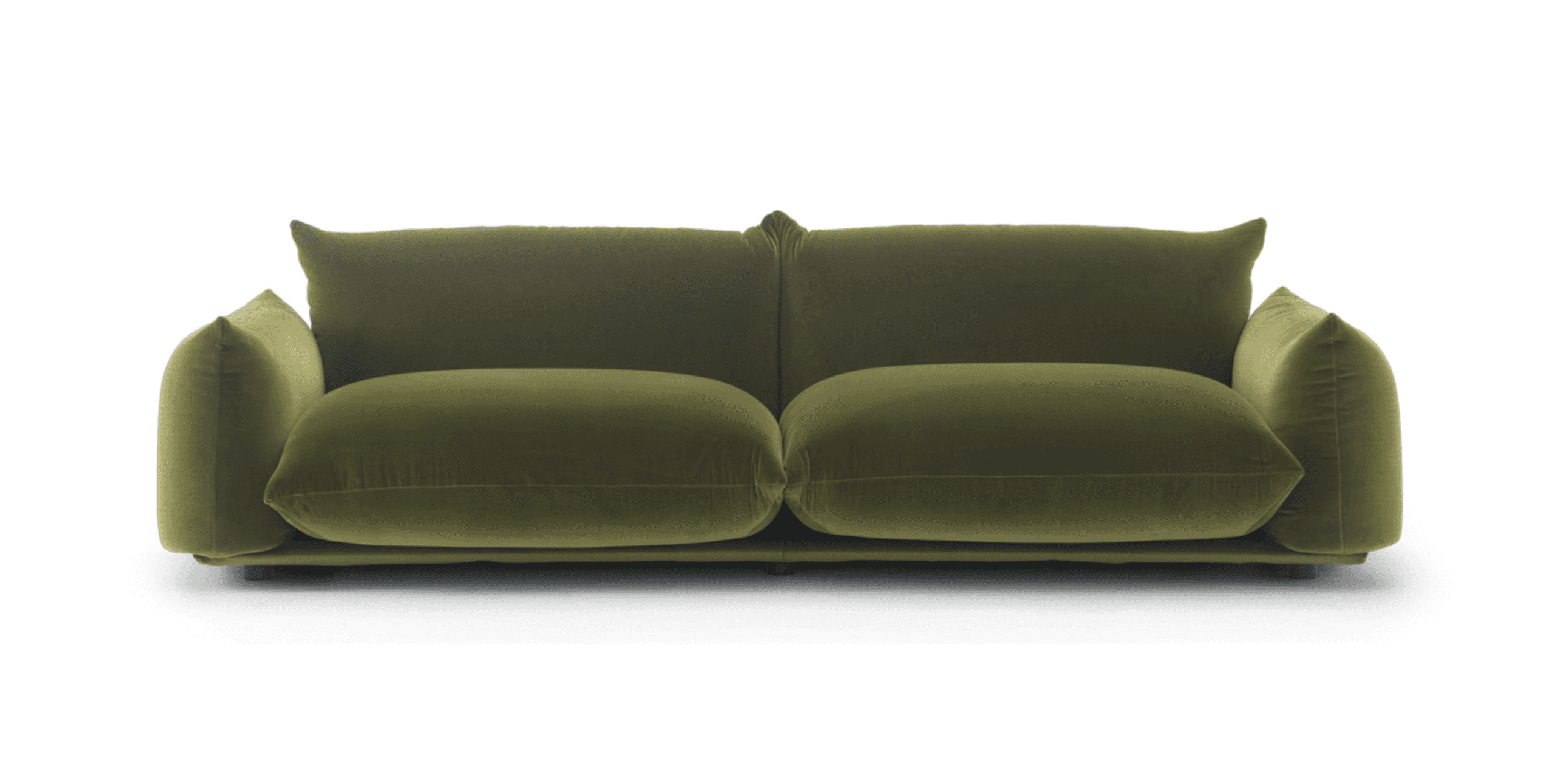 A contemporary two-seater sofa upholstered in plush olive green velvet. It features deep, soft seat… — 3D model
