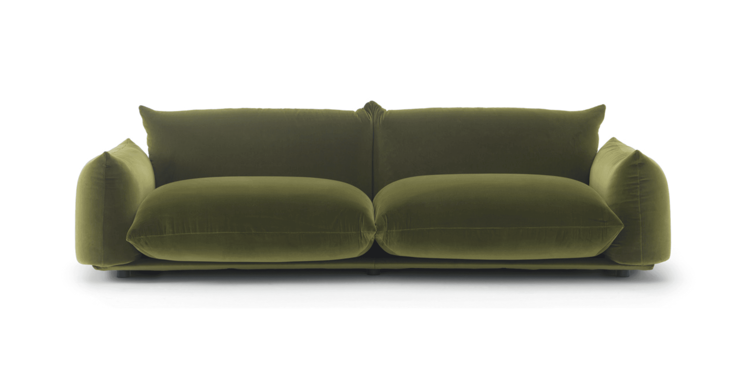 A contemporary two-seater sofa upholstered in plush olive green velvet. It features deep, soft seat cushions, generous back cushions, and integrated rounded armrests, resting on a low-profile base. — 3D model