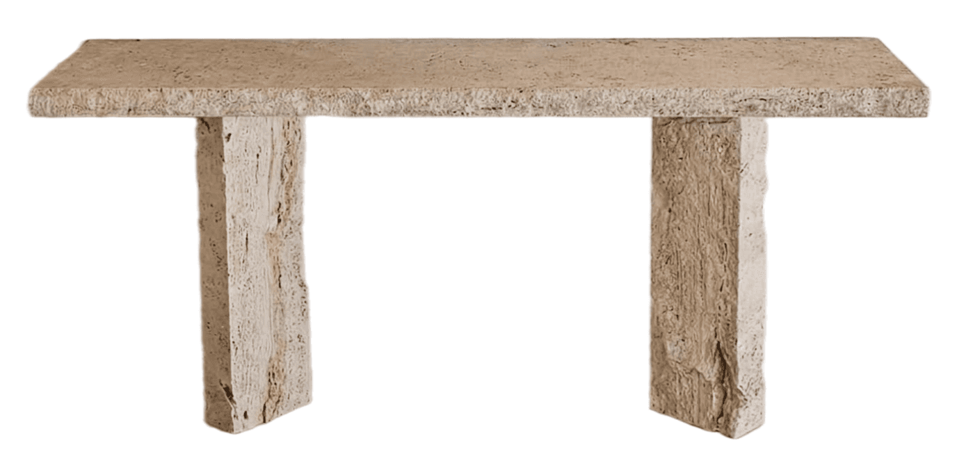 A rectangular console table constructed entirely from natural travertine stone, featuring a thick, f… — free BLEND 3D model
