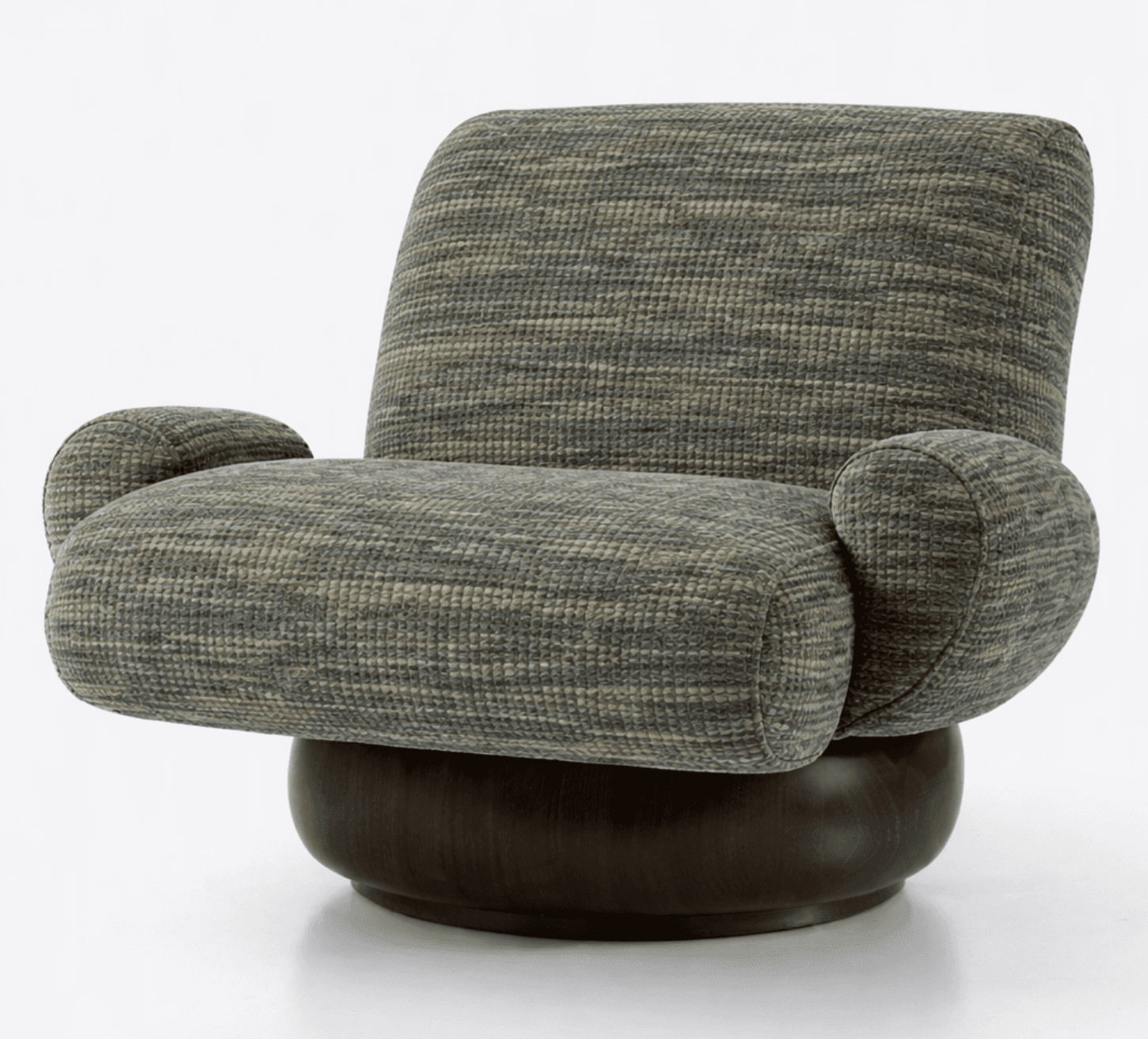 A comfortable armchair with rounded arms and a high back, upholstered in a textured fabric. The chair rests on a circular, dark wooden base that appears to be a swivel mechanism. — 3D model