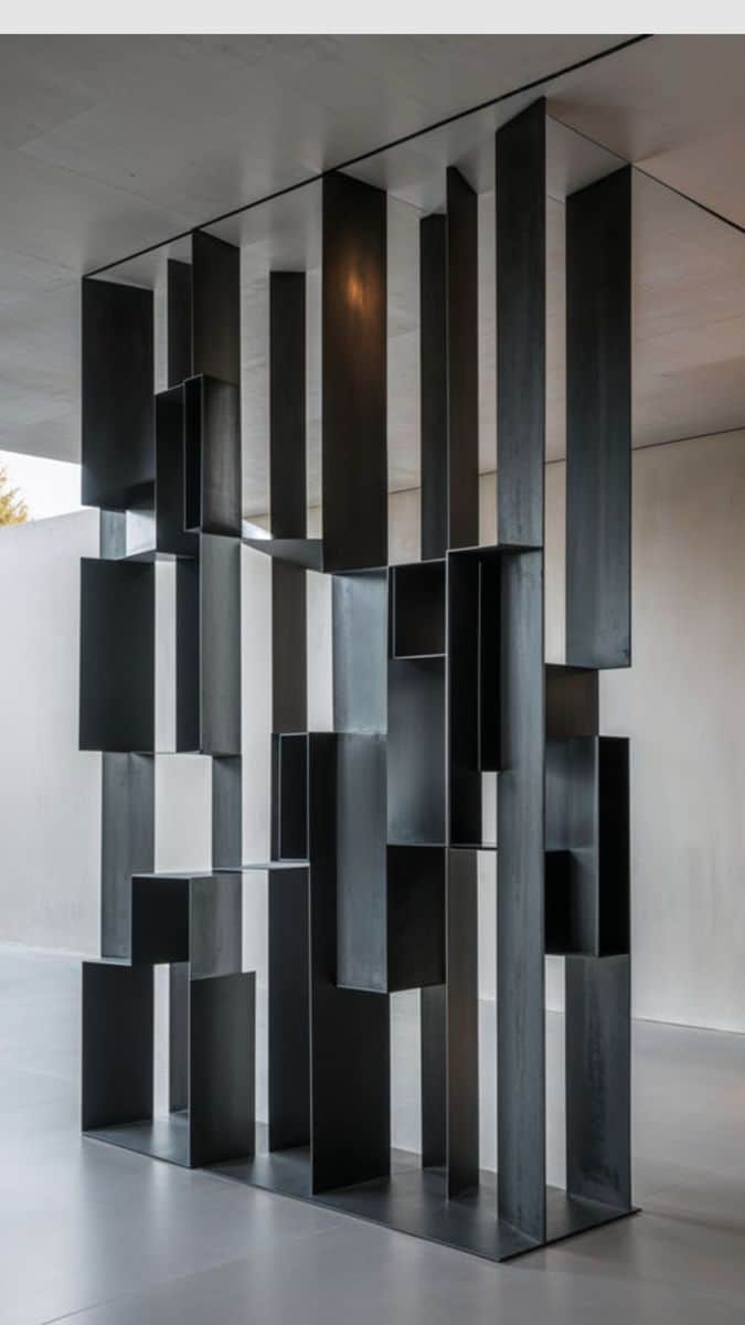 A modern, abstract bookshelf with a geometric, open-frame design. It features vertical and horizonta… — 3D model