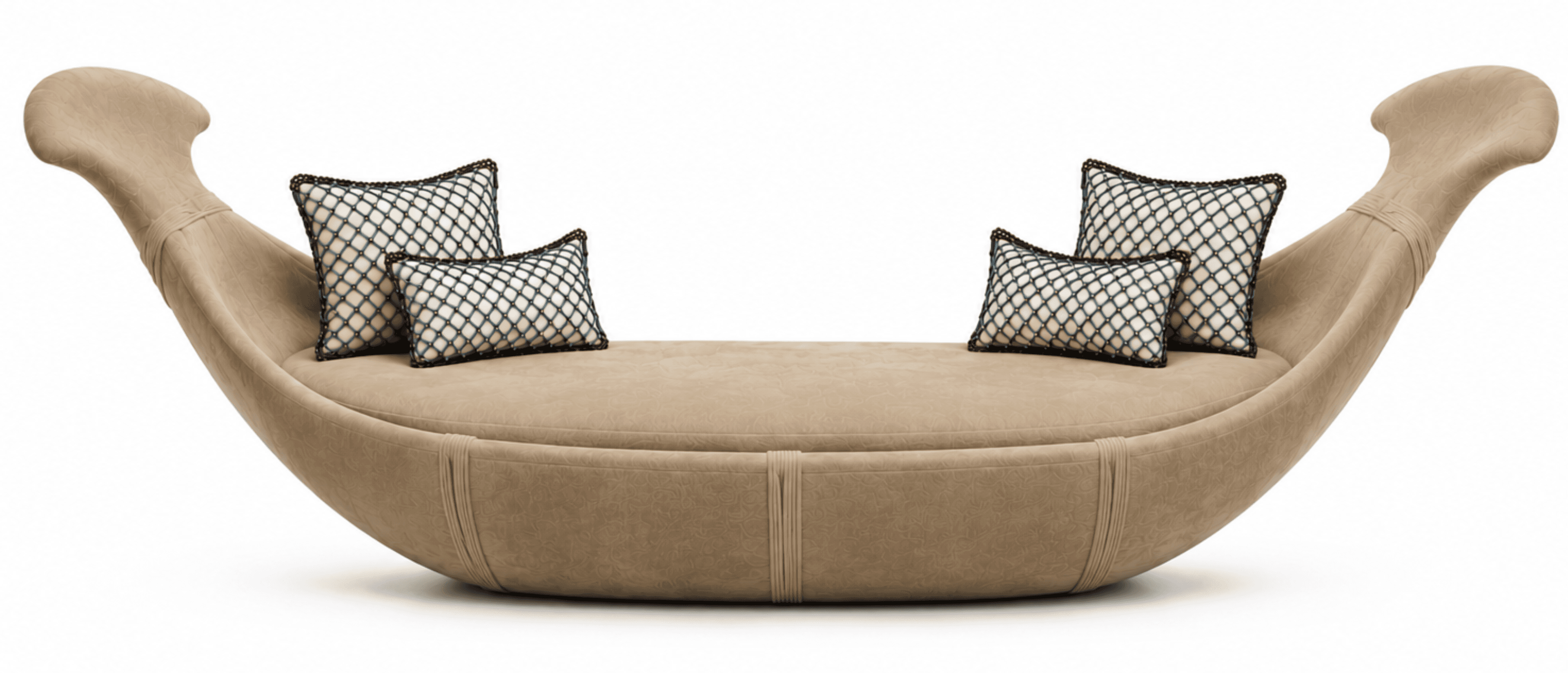 A large, lounge-style sofa with a distinctive curved silhouette resembling a boat or a hammock. The… — free GLTF 3D model