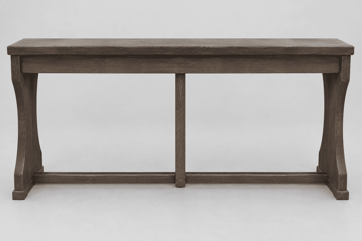 A sturdy, rectangular bench constructed from dark-stained solid wood. It features a thick, flat top… — 3D model