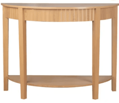 A semicircular console table with a slatted decorative front panel and a lower shelf. It features a light wood finish and clean lines. — 3D model