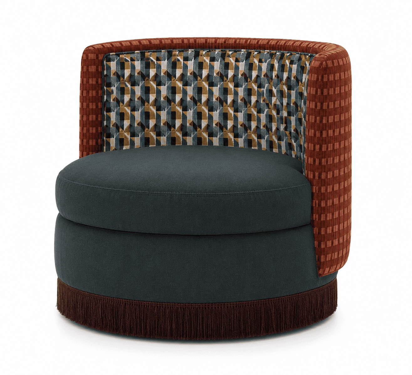 An upholstered barrel-back accent chair featuring a circular seat and a low, continuous back and arm… — 3D model