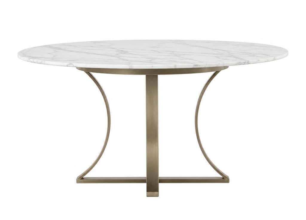 A round dining table featuring a white marble top with subtle grey veining, supported by a distincti… — free FBX 3D model