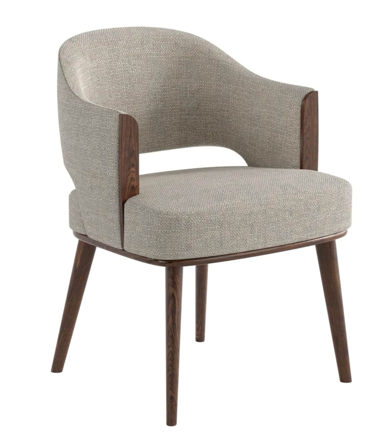 An upholstered armchair featuring a curved backrest and seat, integrated armrests with exposed dark… — 3D model