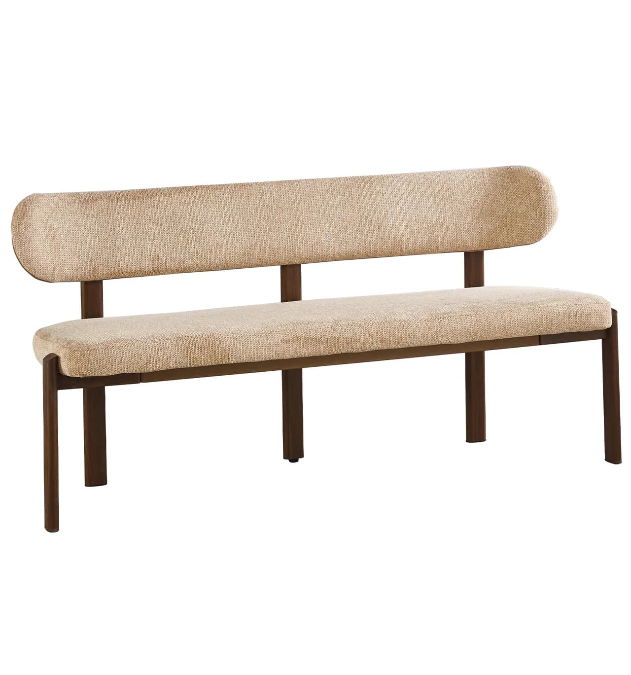 A modern upholstered bench featuring a light beige, textured fabric on both the seat and a distinctive cylindrical backrest. The frame is constructed from dark-finished wood or metal with straight, rectangular legs, contributing to a clean and contemporary aesthetic. — 3D model