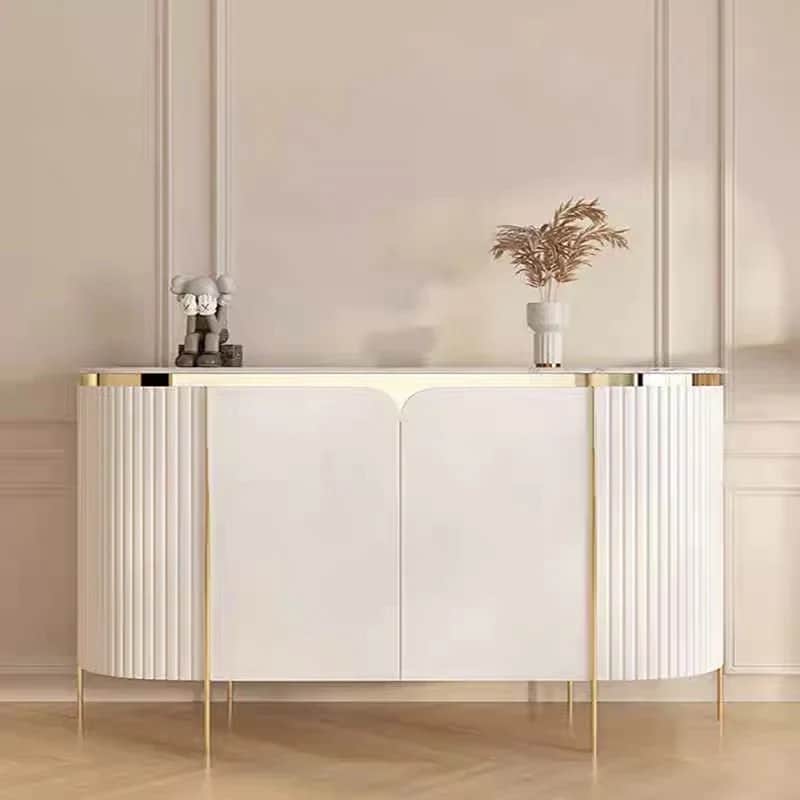 A contemporary white and gold sideboard featuring an elongated oval top, two central cabinet doors,… — 3D model