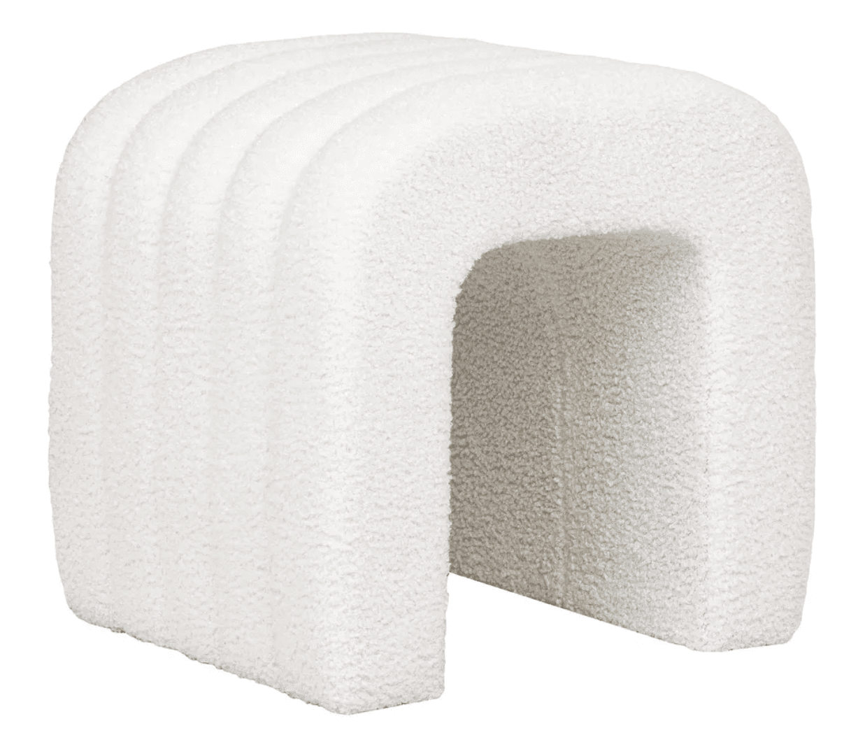 A U-shaped, channel-tufted ottoman upholstered in a cream-colored bouclé fabric. — 3D model