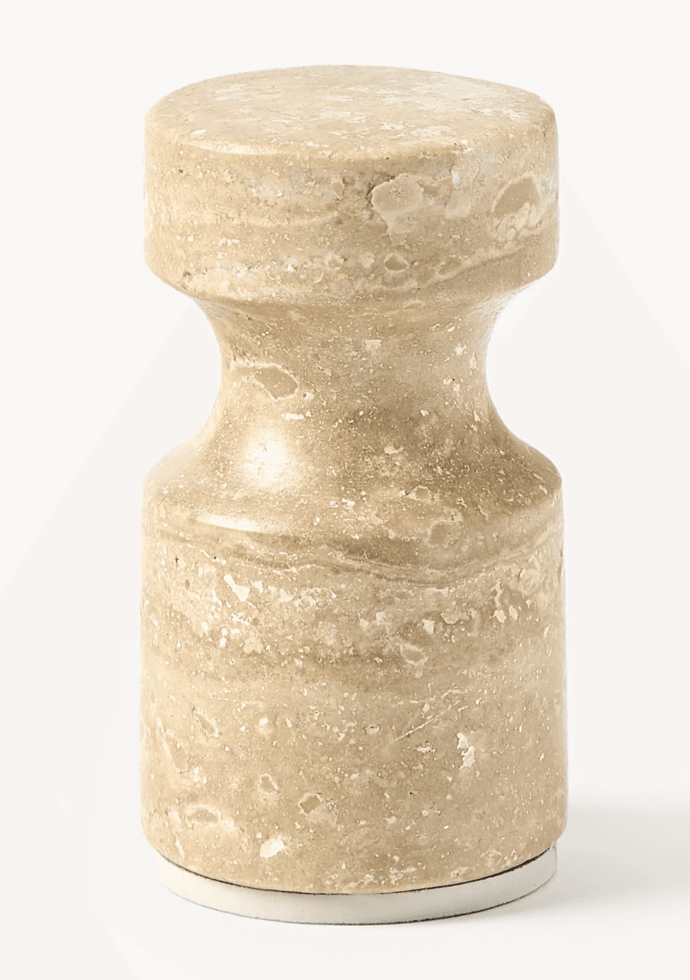 A cylindrical table made from natural travertine, featuring a central hourglass-like constriction. The stone has a beige color with natural patterns and porous textures. It sits on a thin white base. — 3D model