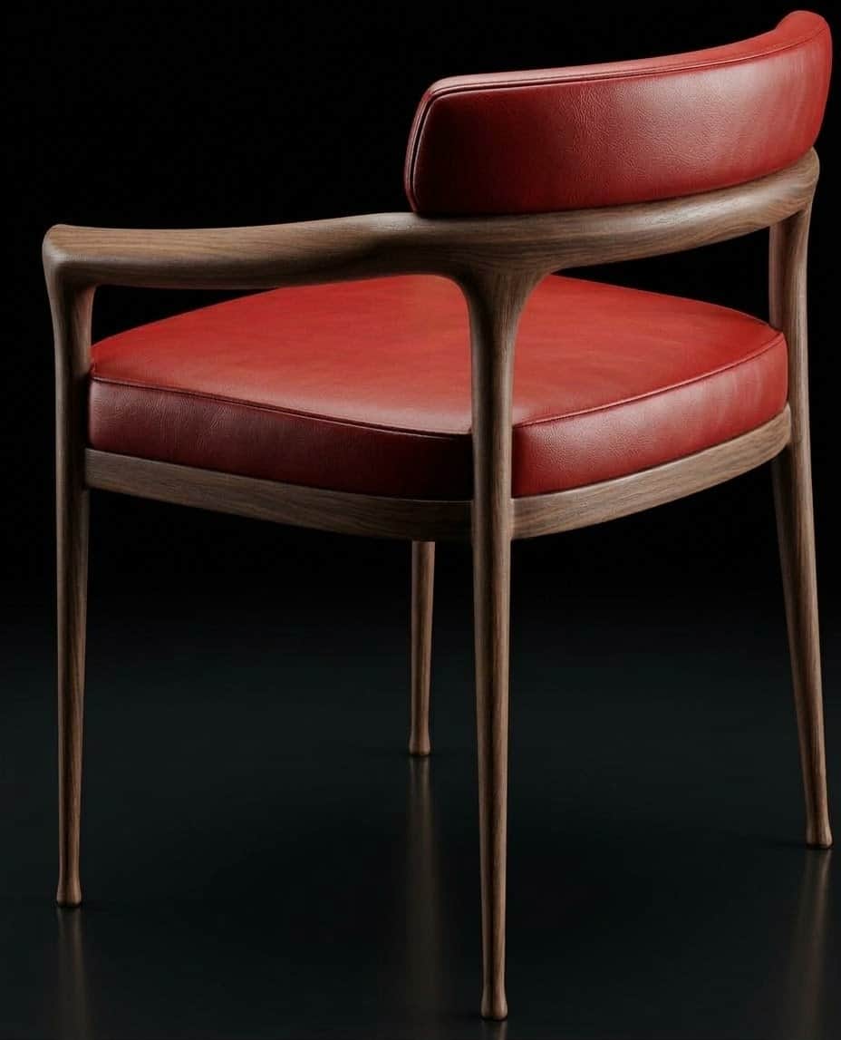 A modern armchair with a gracefully curved wooden frame and red upholstered seat and back, resting o… — free GLB 3D model