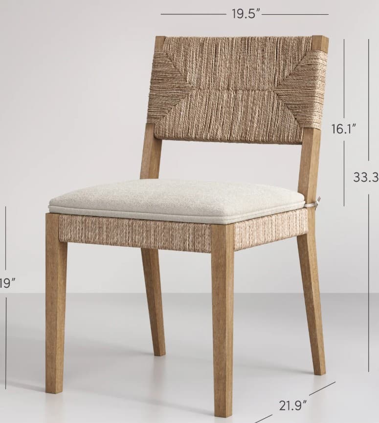 A light-toned wooden chair featuring a geometrically woven rope backrest and a removable, upholstered seat cushion in a neutral fabric. The frame is simple and rectilinear, with square tapered legs, suggesting a casual or coastal aesthetic. The overall design emphasizes natural materials and textures. — 3D model