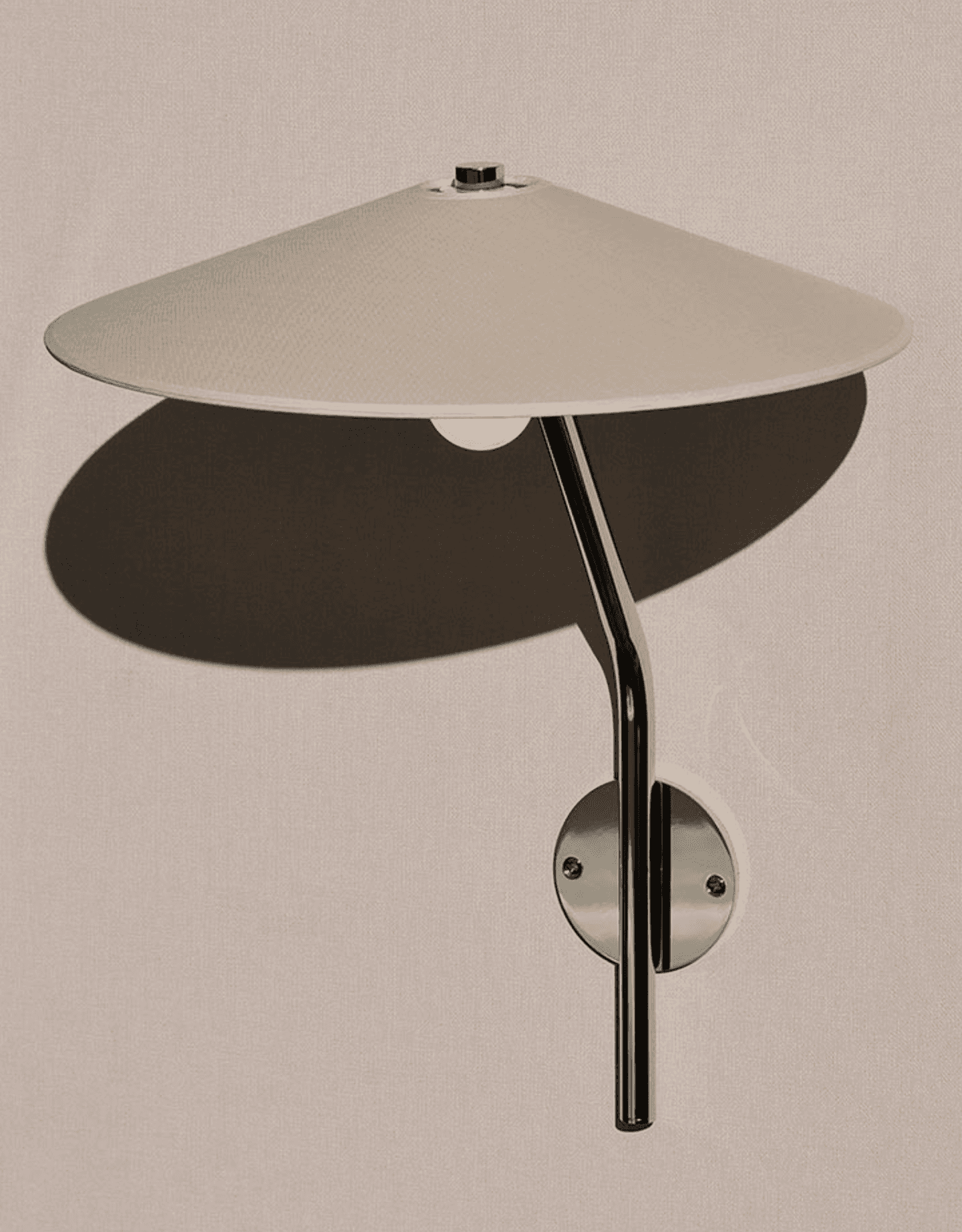 A contemporary wall sconce featuring a wide, conical fabric shade, a curved polished metal arm, and… — 3D model