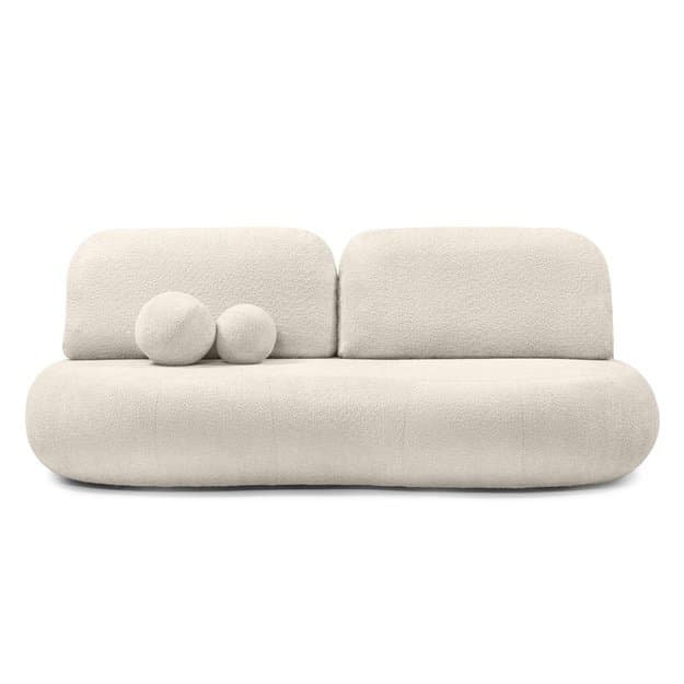 A modern, low-profile sofa with a rounded, organic form. The sofa is upholstered in a textured, boucle-like fabric. It features a continuous seat cushion that curves upwards at the sides, and two separate back cushions. Two spherical decorative pillows are placed on the left side of the sofa. — 3D model