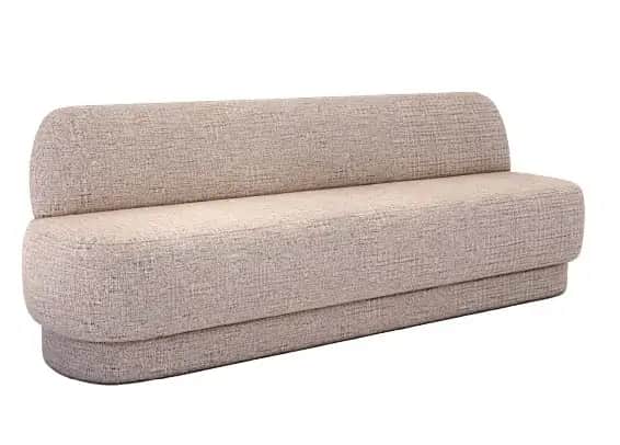 A modern, upholstered sofa with a curved back and seat. The sofa features a layered base with rounde… — free GLTF 3D model