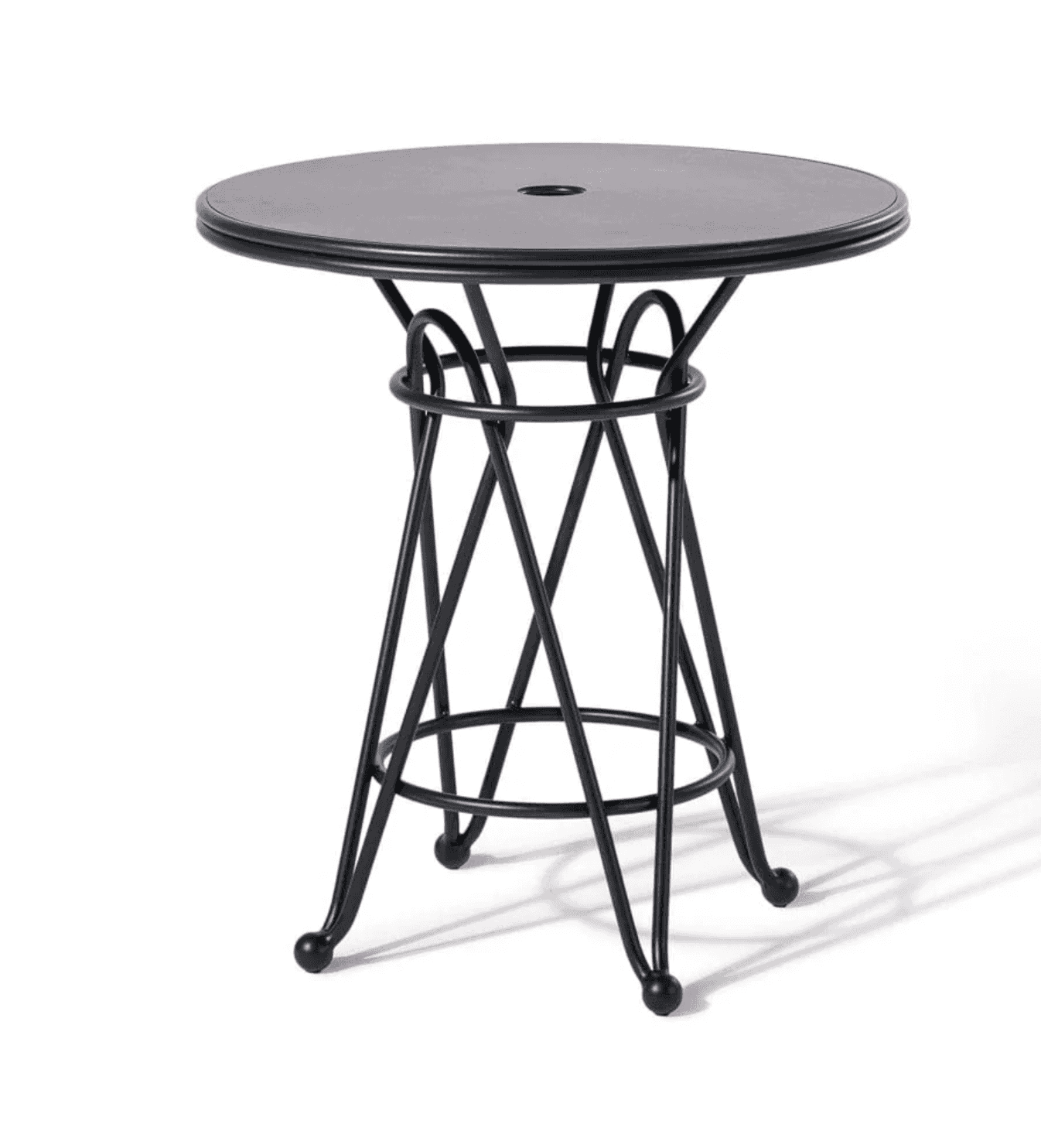 A round black metal outdoor bistro table featuring a central umbrella hole and an ornate, decorative… — 3D model