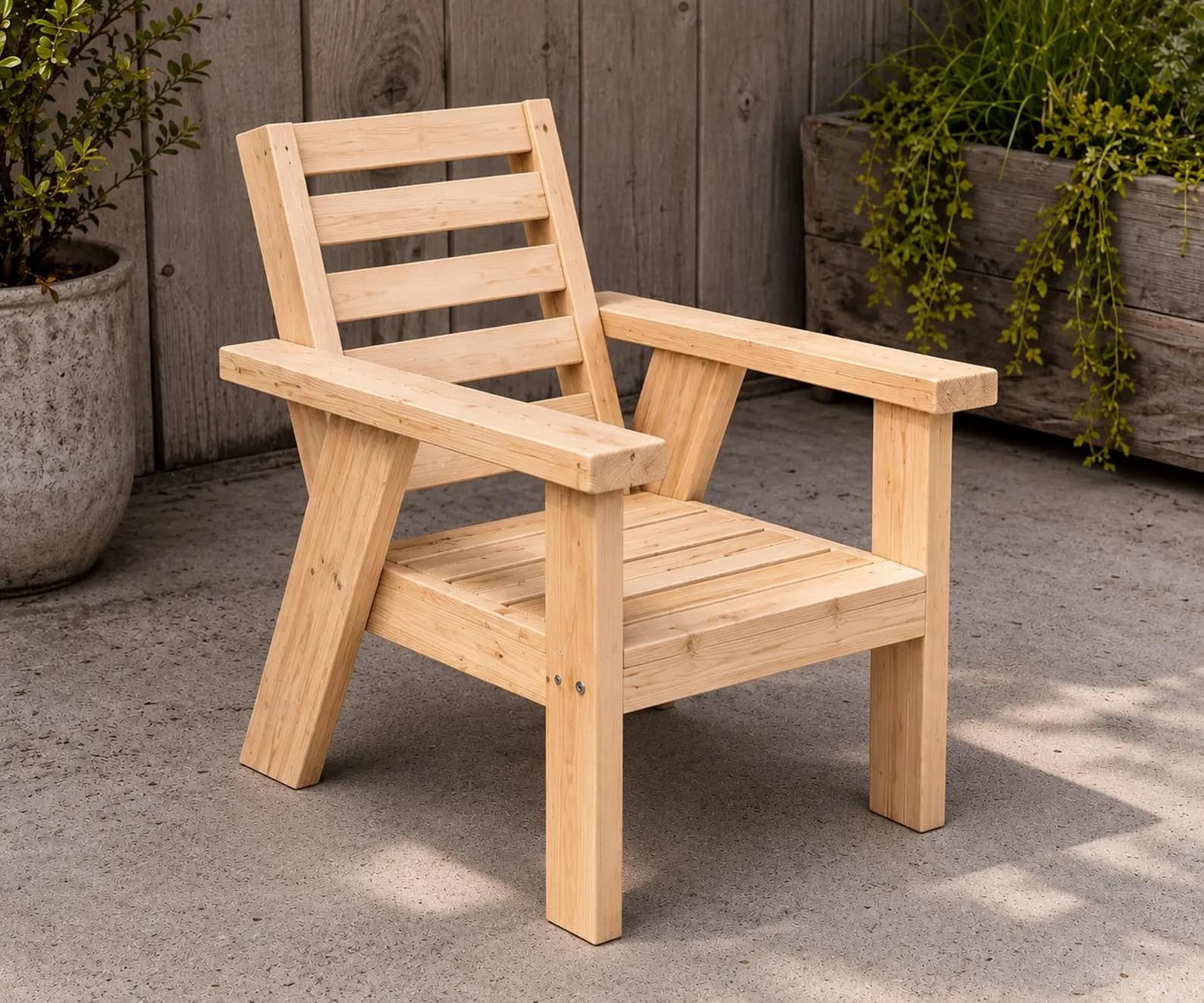 A light-colored, rustic wooden armchair designed for outdoor use. It features a slatted seat and backrest, wide, flat armrests, and sturdy block legs. The construction is robust with visible screw joinery, suggesting durability. The natural wood grain is prominent, and the chair has a simple, utilitarian aesthetic suitable for a garden or patio. — 3D model