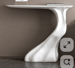 A modern, sculptural console table with a rectangular top and a sinuous, flowing base, all rendered in a high-gloss white finish. — 3D model