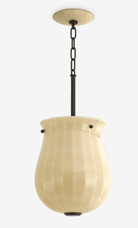 A contemporary pendant light featuring a bell-shaped, cream-colored opaque glass shade with vertical… — 3D model