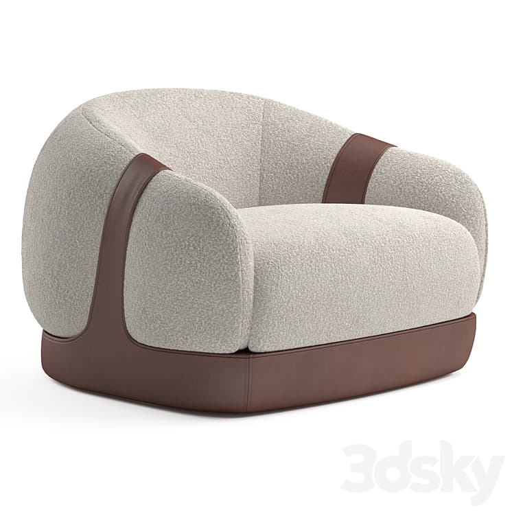 A modern armchair with a rounded, enveloping form. The upholstery is a textured, boucle-like fabric in a light neutral tone, contrasting with dark brown leather accents. The leather forms a base structure and wraps around the sides and back, providing both structural support and aesthetic detail. The design emphasizes comfort and contemporary elegance. — 3D model