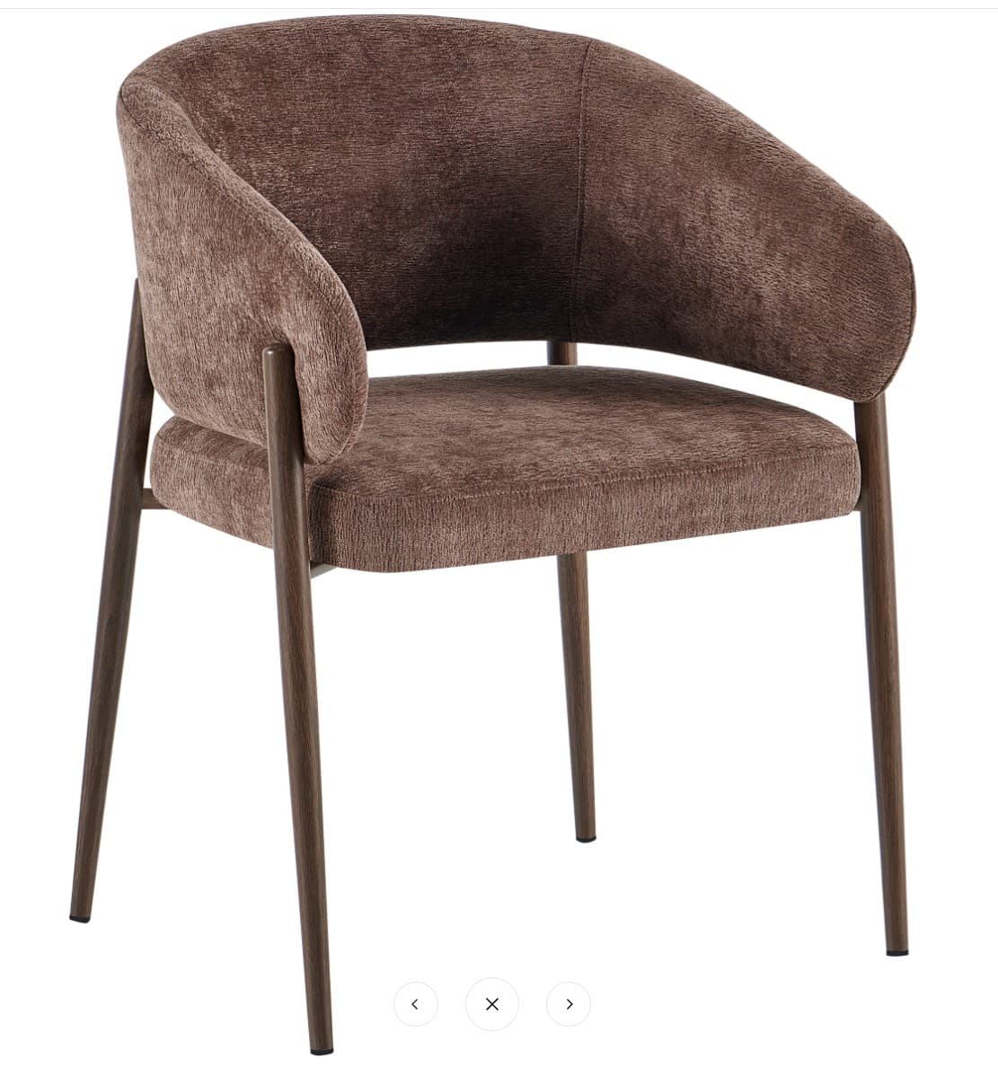 A modern accent chair with a curved backrest and upholstered seat and back. The chair features four tapered legs made of wood and a fabric upholstery with a textured appearance. — 3D model
