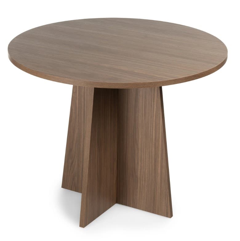 A modern round table with a dark walnut wood finish and a distinctive pedestal base composed of four intersecting, angled panels. — 3D model