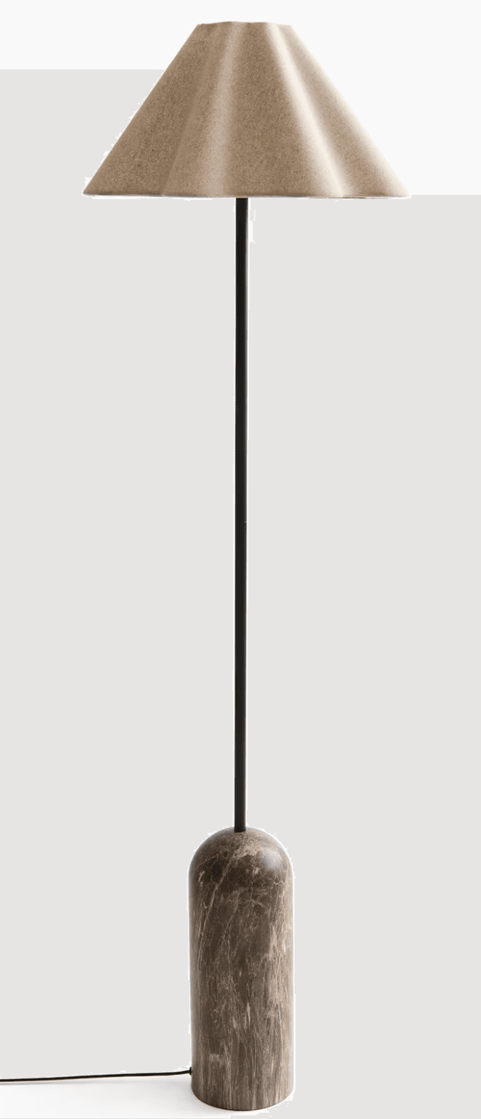 A contemporary floor lamp featuring a robust, cylindrical marble base, a slender black metal stem, and a distinctive conical shade made from a textured, beige textile. The lamp exhibits a minimalist yet elegant aesthetic, suitable for modern interiors. The power cord exits neatly from the base. — 3D model