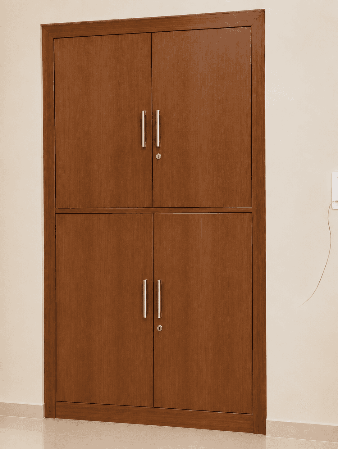 A tall, rectangular wooden storage cabinet finished in a medium brown tone with visible wood grain.… — 3D model