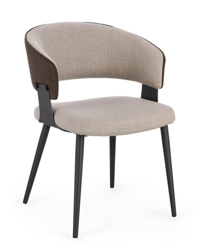 A contemporary dining armchair featuring a curved back and armrests, upholstered in a light beige fabric, with a contrasting brown textured material on the outer shell. It is supported by four slender, tapered black metal legs. — 3D model