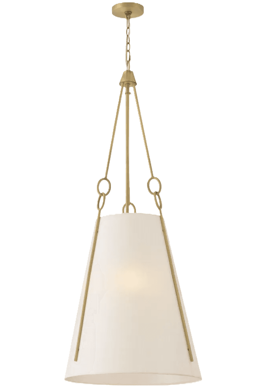 A sophisticated pendant light featuring a wide, tapering conical fabric shade suspended by an elegan… — 3D model